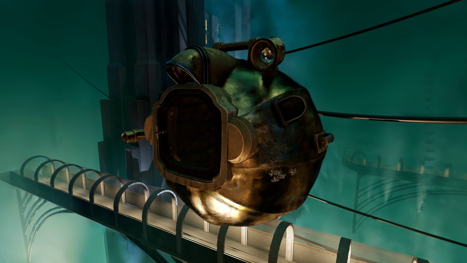 The bathysphere hanging on its cables among the towers of Rapture