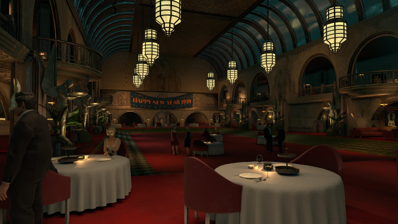 The Kashmir Restaurant: tables set with candles under the lanterns, the Happy New Year 1959 banner on the far wall