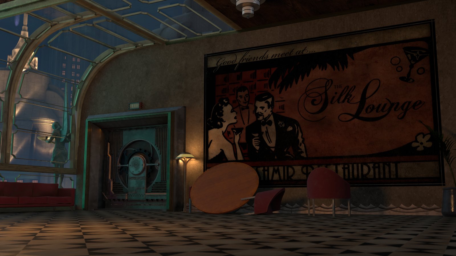 The Silk Lounge: a checkerboard floor and the lounge's own mural under a glass roof