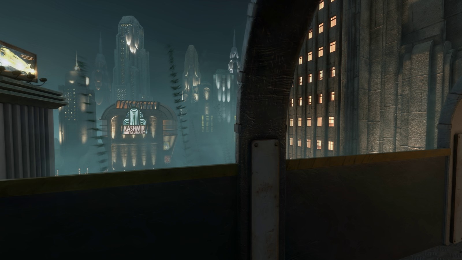 The Hallway Overlook capture: the towers of Rapture seen across the wall of a high walkway