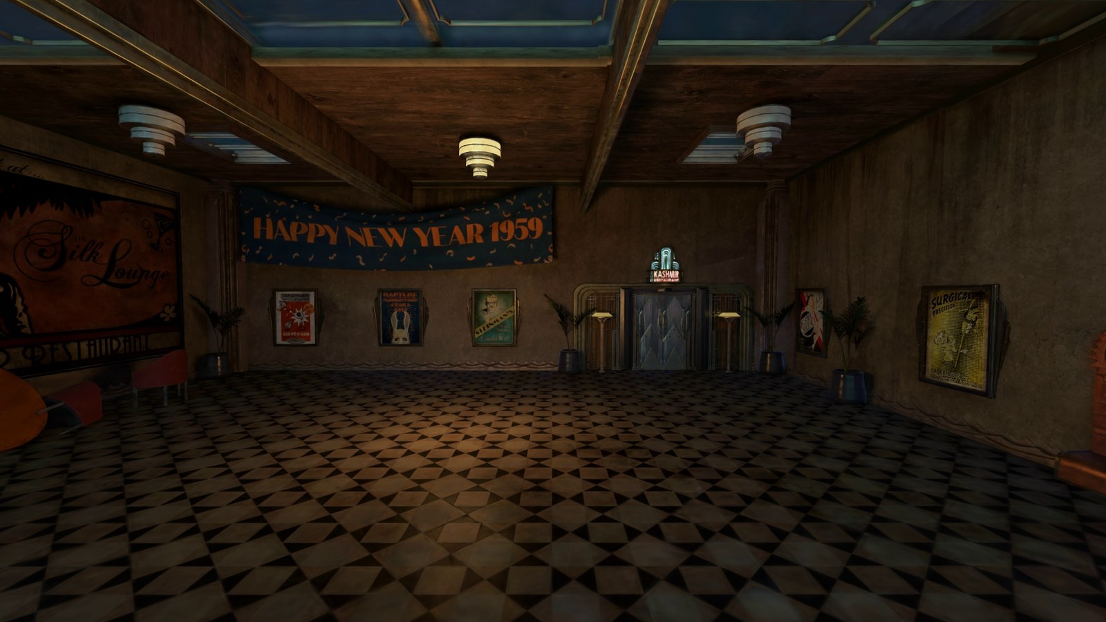 The Silk Lounge capture: a checkerboard dance floor under a Happy New Year 1959 banner